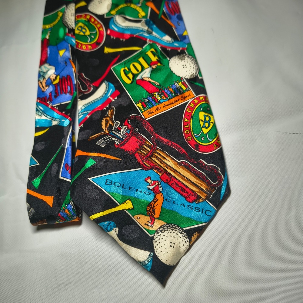 Addiction Mens Silk Necktie Black Golf Theme Novelty Print Clubs Balls Tees Spor
